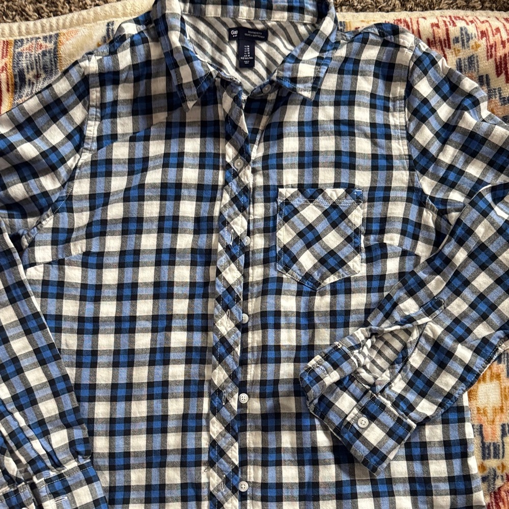 GAP Men's Blue and Grey Plaid Shirt